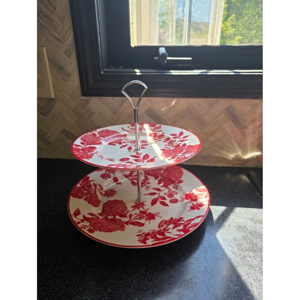 Martha Stewart Red & White Floral Toile Orleans 2-Tiered Server Tray